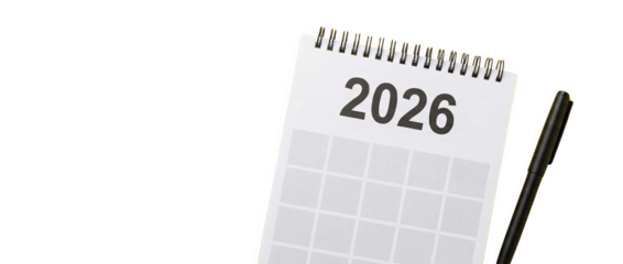 A blank calendar for the year 2026 with a pen nearby, AI, PNG