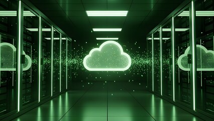 Digital cloud computing concept visualized with glowing data streams in a futuristic server room environment
