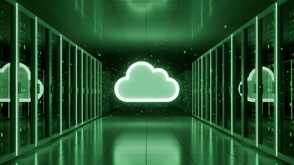 Glowing neon cloud symbol hovers above a futuristic server room aisle representing digital data storage and connectivity