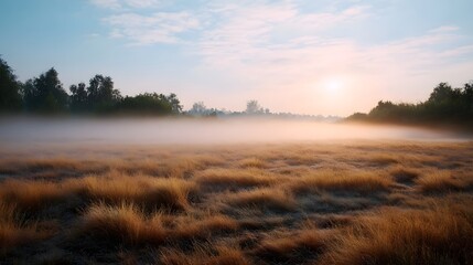 Fototapeta premium A serene meadow bathed in the soft light of dawn with mist rolling across the golden grass