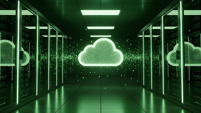 Digital cloud computing concept visualized with glowing data streams in a futuristic server room environment - Powered by Adobe