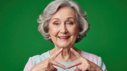Joyful elderly woman with curly gray hair displaying a playful gesture against a green screen