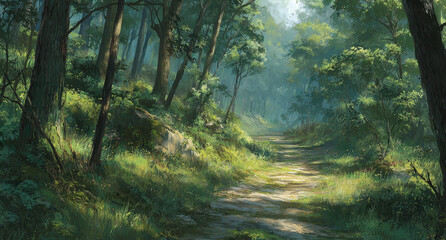 Fototapeta premium Sunlit Forest Path with Lush Green Foliage and Soft Light Creating Serene Atmosphere