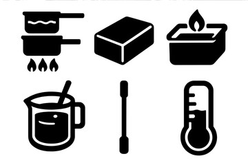 Candle-Making Icons. Candle-Making Set silhouette set: double boiler, wax block, melting tray, heat-resistant container, stirring rod, melt-level meter.