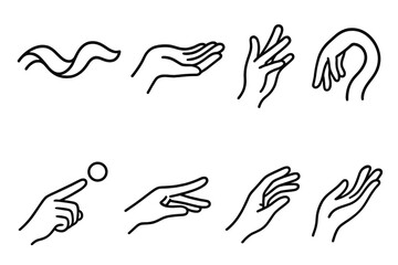 Obraz premium Dynamic Gesture Icons. Imaginative Gesture Set linear set: ribbon-like wave, hovering palm, storytelling fingers, curved knuckle arc, floating point, balanced wrist tilt, sweeping