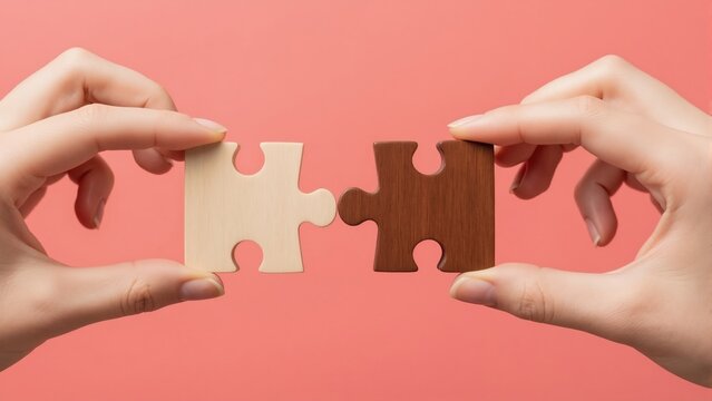 Hands connecting two different colored puzzle pieces. Teamwork, partnership, and diversity concept for business solutions and strategy.