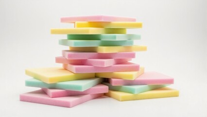 Fototapeta premium Colorful pastel foam squares stacked in geometric tower. Abstract concept of balance, construction, and creativity on white background.