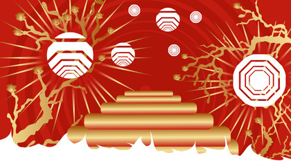 Chinese New Year Background with Gold Stairs and Blossoms  