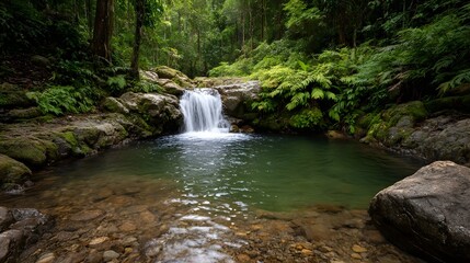 Naklejka premium A serene jungle waterfall cascades into a clear refreshing pool surrounded by lush vegetation