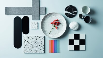 An artistic arrangement of diverse materials and textures for interior design inspiration