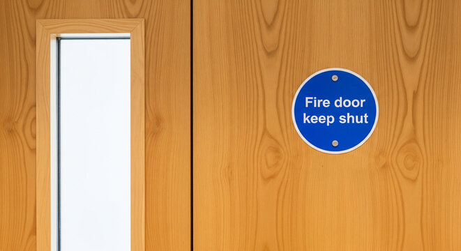 A wooden fire door with a window and a blue sign that says fire door keep shut on the right side