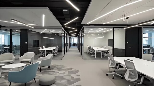 Expansive modern corporate office interior featuring bright open collaborative zones and sleek glass enclosed meeting rooms illuminated by linear lighting