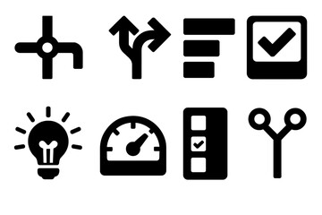 Decision Icons Set. Decision-making frameworks silhouette set: pathway node, option fork, reasoning bar, guided prompt tile, clarity light, evaluation meter, choice panel, outcome