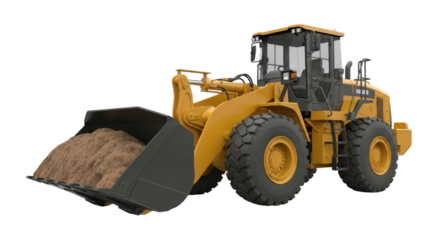 Yellow wheel loader with bucket full of dirt transparent background cutout png