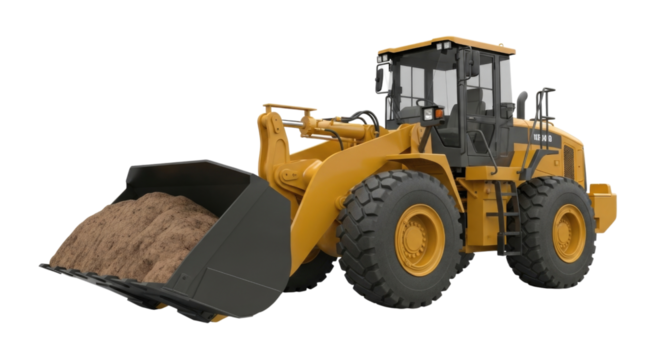 Yellow wheel loader with bucket full of dirt transparent background cutout png - Powered by Adobe