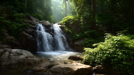 Obraz premium A serene waterfall cascades over mossy rocks in a lush sun d d forest creating a tranquil natural landscape
