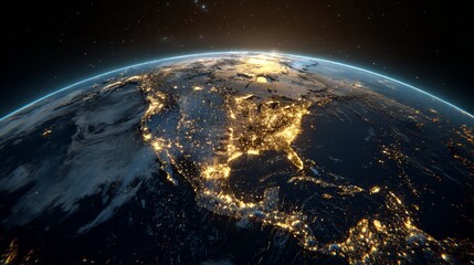 Obraz premium Earth at Night: A breathtaking view of Earth at night, showcasing the vibrant illumination of cities and the vastness of the cosmos, symbolizing interconnectedness and the beauty of our planet.