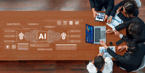 AI assistant and chatbot connection with digital circuit lines, representing data analysis,...