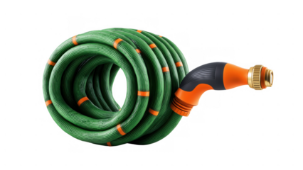 Unrolling a bright green garden hose to water, created AI, PNG