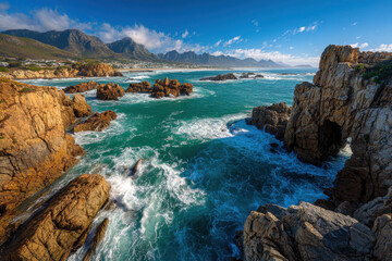 Obraz premium Rugged Coastline with Rocky Cliffs Overlooking the Ocean Under Bright Sunlight