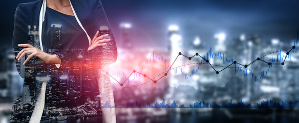 A confident businesswoman stands over a city skyline with a dynamic graph representing growth and financial data, symbolizing modern corporate success and innovation. Scalp