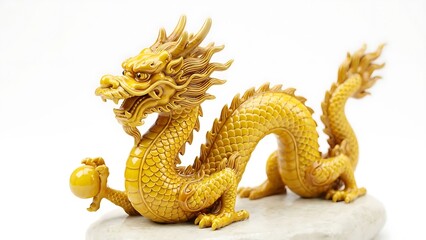 Golden Dragon Sculpture with Pearl on White Background
