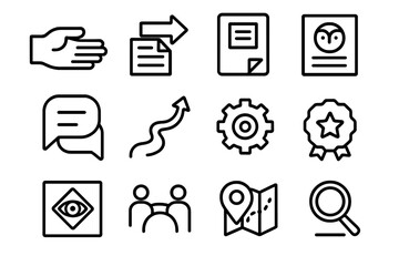 Mentorship Icons Collection. Mentorship Elements linear set: guidance hand icon, knowledge transfer arrow, wisdom note card, supportive conversation bubble, growth pathway line,
