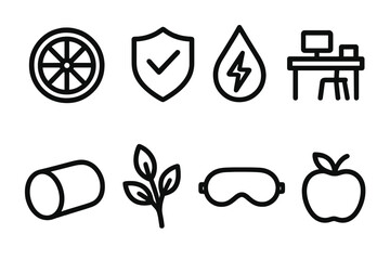 Balanced Living Icons. Balanced Living Tools linear set: activity wheel, wellness checkmark, energy droplet, work desk icon, relaxation cushion, nature sprig, rest mask, fresh