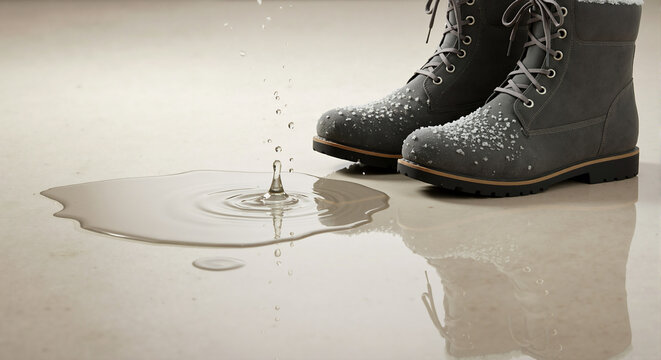Grey winter boots with frosted toes next to a water splash. Waterproof footwear concept on wet reflective surface. Copy space for text