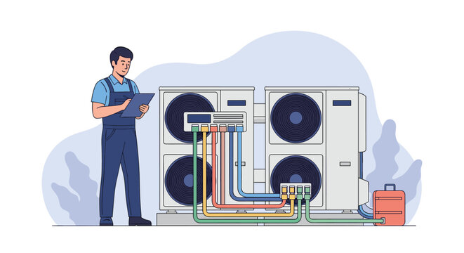 HVAC technician with a clipboard performing maintenance and inspection on a multi-split outdoor air conditioning system.