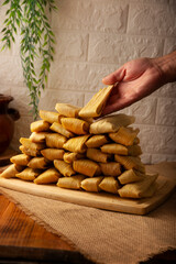 Tamales. Traditional dish typical of Mexico and some Latin American countries. Corn dough wrapped in corn leaves. The tamales are steamed.