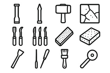 Obraz premium Stone Carving Tools. Stone Carving Tools linear set: flat chisel, point chisel, wooden mallet, stone slab tile, rifflers set, rasper bar, sanding grit stone, groove cutter node,