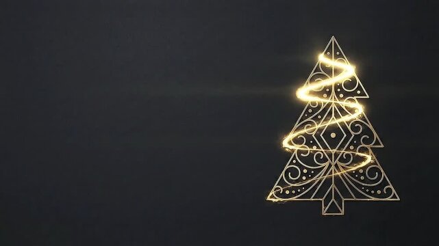 Glowing golden Christmas tree decoration with intricate patterns on a dark background with a white border at the bottom.