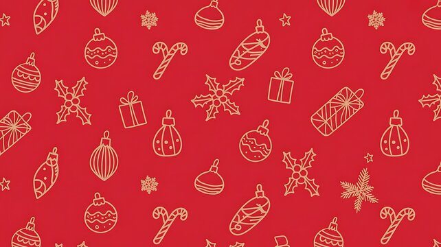 Red Background with a Pattern of Hand- Drawn Christmas Decorations - Powered by Adobe