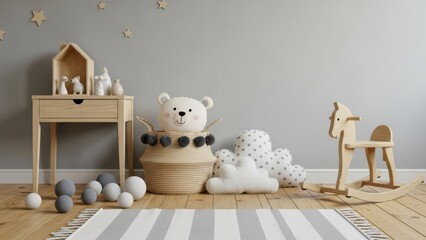 Cozy and minimalist baby room interior with natural wood furniture and soft toys