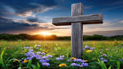 Wooden cross in a field at sunset symbolic religious imagery