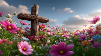 Wooden cross in a field of colorful flowers under a blue sky
