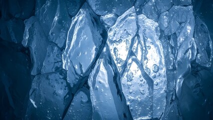 Frozen ice chunks form a broken crystalline structure in a dark environment