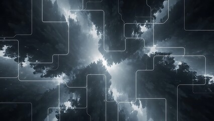 Enigmatic digital forest nexus overlaid circuitry in a misty landscape.