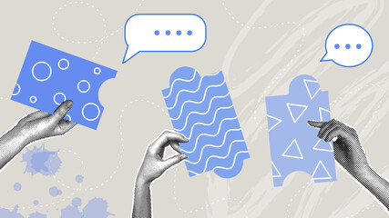 Collaborative communication: connecting ideas and solving problems together. A trendy halftone collage. Concepts of partnership, teamwork, and planning.