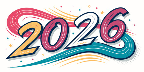 Naklejka premium Vibrant colorful illustration of the year 2026 with dynamic swirling lines and stars