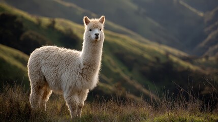 Obraz premium White alpaca grazing in a lush mountain valley under soft morning light, perfect for nature photography, wildlife editorials, and pastoral lifestyle visuals.