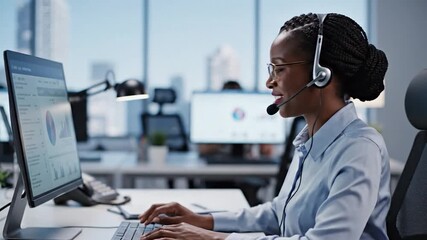 A focused businesswoman with a headset analyzes data on her computer in an office - Powered by Adobe