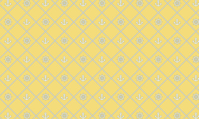 舟のアンカーの舵マークがロープの格子柄で囲まれたレトロな黄色い壁紙