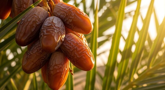 Close-up of ripe dates hanging from a palm tree branch bathed in warm sunlight, symbolizing natural sweetness and harvest