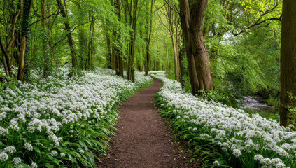 Obraz premium Serene Forest Path Lined With White Wildflowers Under Sunlight