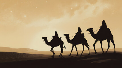 Three Wise Men desert journey with camels at sunset, silhouette illustration