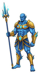 Obraz premium A muscular blue-skinned humanoid warrior with golden armor and a trident stands ready for battle.