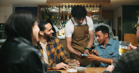 Waiter, man and phone with payment at pub for beer purchase, paperless transaction or drinking....