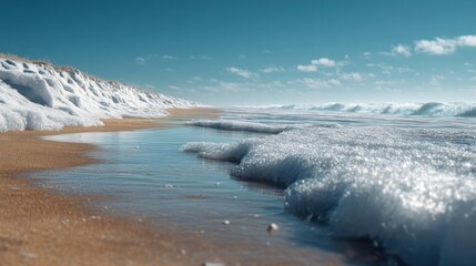 Fototapeta premium A winter beach with snow on the sand and icy waves,